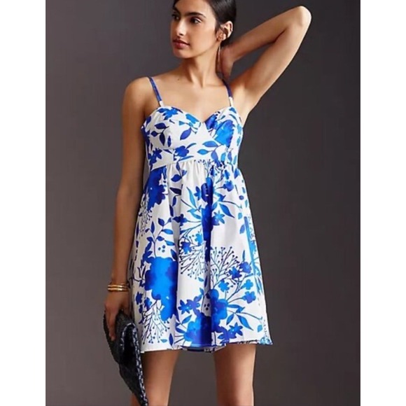 Hutch Anthropologie Bold Blue floral sweetheart mini dress Flare sleeveless sz 8
